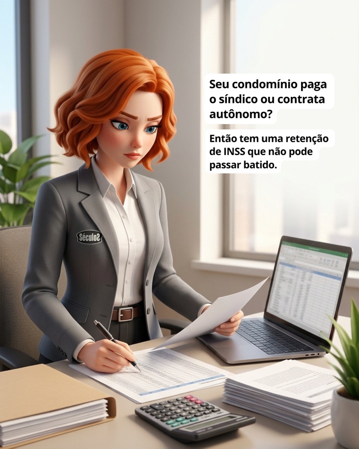 Post da Séculos Contabilidade sobre retenção de INSS no condomínio, publicado em 17 de setembro de 2026