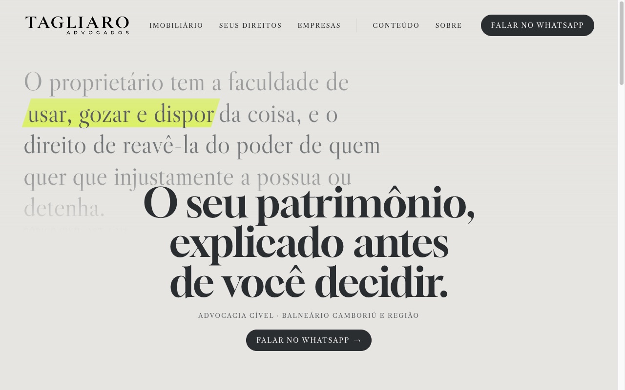 Captura da página inicial do site tagliaroadvogados.com, da Tagliaro Advocacia